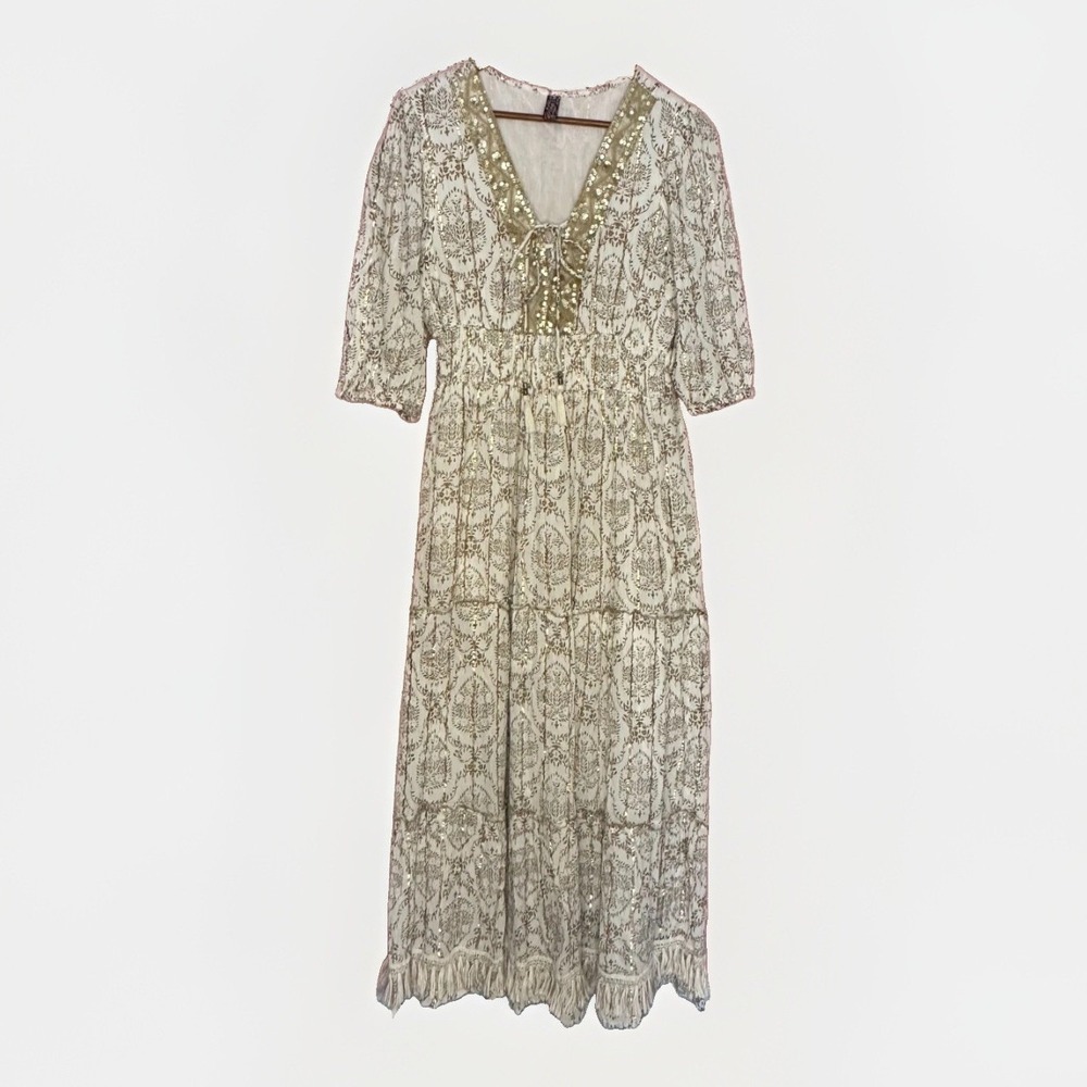 Me 2 Magic Boho Maxi Dress L Gold Metallic Regencycore Indie Fringe Festival - Picture 2 of 8